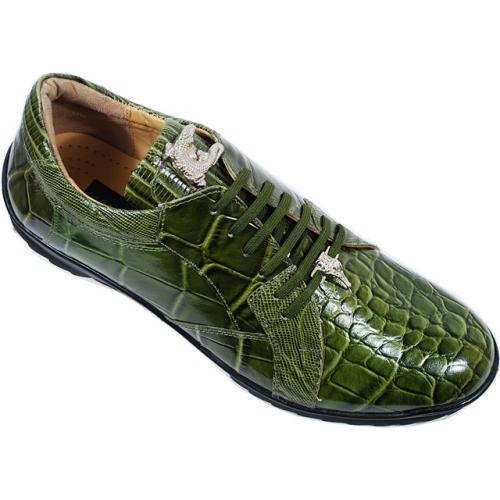 Giorgio Brutini Olive Green Alligator Print Sneakers With Silver Alligator Ornaments On Tongue And Lace 200025-1